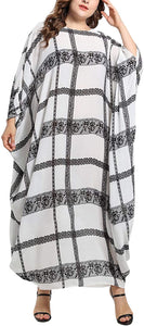 Flygo Women's Batwing Plaid Floral Printed Short Sleeve Oversized Maxi Dress