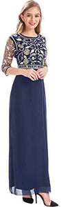 MANER Chiffon Beaded Sequin 3/4 Sleeve Long Gown - Zainab's Closet