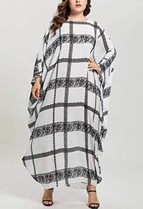 Flygo Women's Batwing Plaid Floral Printed Short Sleeve Oversized Maxi Dress