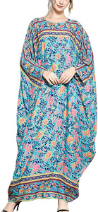 Flygo Women's Batwing Plaid Floral Printed Short Sleeve Oversized Maxi Dress