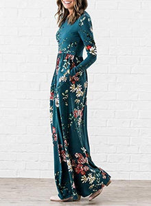 ZESICA Women's Floral Print Long Sleeve Pockets Empire Waist Pleated Long Maxi Dress