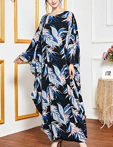Flygo Women's Batwing Plaid Floral Printed Short Sleeve Oversized Maxi Dress