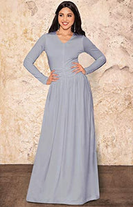 KOH KOH Long Sleeve V-Neck Ruched Empire Waist Formal Evening Dress - Zainab's Closet