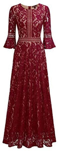 MISSMAY Women's Vintage Full Lace Contrast Bell Sleeve Formal Long Dress - Zainab's Closet