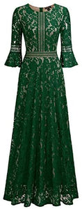 MISSMAY Women's Vintage Full Lace Contrast Bell Sleeve Formal Long Dress - Zainab's Closet