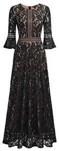 MISSMAY Women's Vintage Full Lace Contrast Bell Sleeve Formal Long Dress - Zainab's Closet