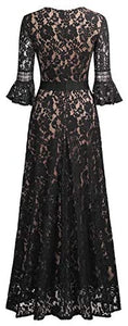 MISSMAY Women's Vintage Full Lace Contrast Bell Sleeve Formal Long Dress - Zainab's Closet