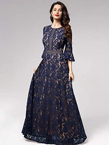 MISSMAY Women's Vintage Full Lace Contrast Bell Sleeve Formal Long Dress - Zainab's Closet