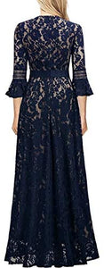 MISSMAY Women's Vintage Full Lace Contrast Bell Sleeve Formal Long Dress - Zainab's Closet