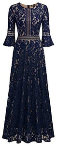 MISSMAY Women's Vintage Full Lace Contrast Bell Sleeve Formal Long Dress - Zainab's Closet
