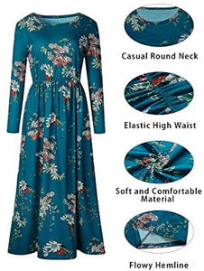 ZESICA Women's Floral Print Long Sleeve Pockets Empire Waist Pleated Long Maxi Dress