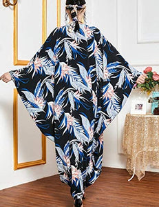Flygo Women's Batwing Plaid Floral Printed Short Sleeve Oversized Maxi Dress