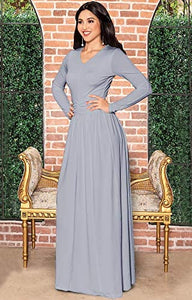 KOH KOH Long Sleeve V-Neck Ruched Empire Waist Formal Evening Dress - Zainab's Closet