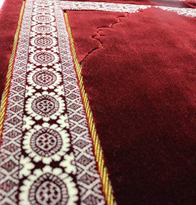 Modefa Lux Plush Regal Velvet Islamic Prayer Rug Muslim Turkish Carpet with Free Prayer Cap (Red)