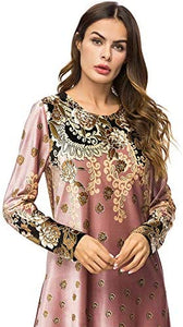 MedeShe Women's Loose Crewneck Gold Ethnic Print Casual Dress - Zainab's Closet