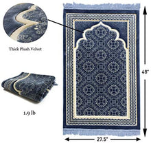 Load image into Gallery viewer, Muslim Prayer Rug - Islamic Plush Velvet Turkish Carpet Janamaz Sajadah Free Prayer Cap Elegant Swirl (Blue)