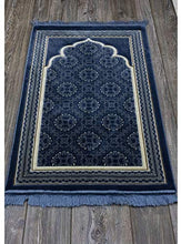 Load image into Gallery viewer, Muslim Prayer Rug - Islamic Plush Velvet Turkish Carpet Janamaz Sajadah Free Prayer Cap Elegant Swirl (Blue)
