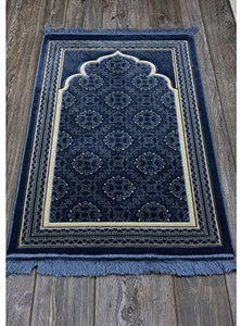 Muslim Prayer Rug - Islamic Plush Velvet Turkish Carpet Janamaz Sajadah Free Prayer Cap Elegant Swirl (Blue)