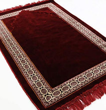 Load image into Gallery viewer, Modefa Lux Plush Regal Velvet Islamic Prayer Rug Muslim Turkish Carpet with Free Prayer Cap (Red)