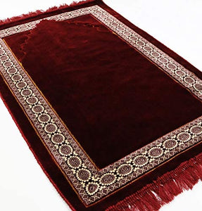 Modefa Lux Plush Regal Velvet Islamic Prayer Rug Muslim Turkish Carpet with Free Prayer Cap (Red)
