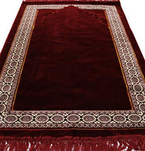 Load image into Gallery viewer, Modefa Lux Plush Regal Velvet Islamic Prayer Rug Muslim Turkish Carpet with Free Prayer Cap (Red)
