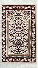 Load image into Gallery viewer, Janamaz Prayer Rug with Free Cap + MISWAK - Plush Velvet Namaz Seccade Turkish Prayer Mat Carpet Design (Red / White)