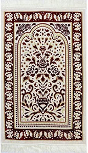 Janamaz Prayer Rug with Free Cap + MISWAK - Plush Velvet Namaz Seccade Turkish Prayer Mat Carpet Design (Red / White)