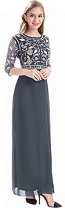 MANER Chiffon Beaded Sequin 3/4 Sleeve Long Gown - Zainab's Closet