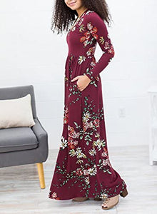 ZESICA Women's Floral Print Long Sleeve Pockets Empire Waist Pleated Long Maxi Dress