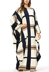 Flygo Women's Batwing Plaid Floral Printed Short Sleeve Oversized Maxi Dress