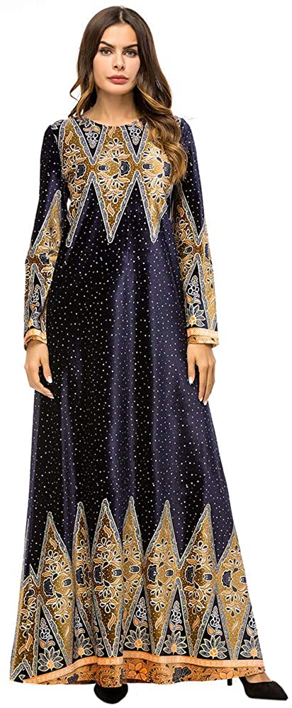 MedeShe Women's Loose Crewneck Gold Ethnic Print Casual Dress - Zainab's Closet