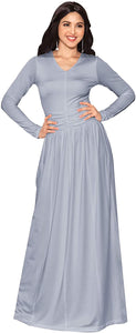 KOH KOH Long Sleeve V-Neck Ruched Empire Waist Formal Evening Dress - Zainab's Closet