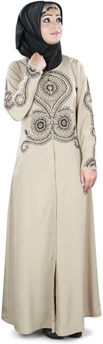 MyBauta Women's Embroidered Warm Grey Open Front Abaya - Zainab's Closet