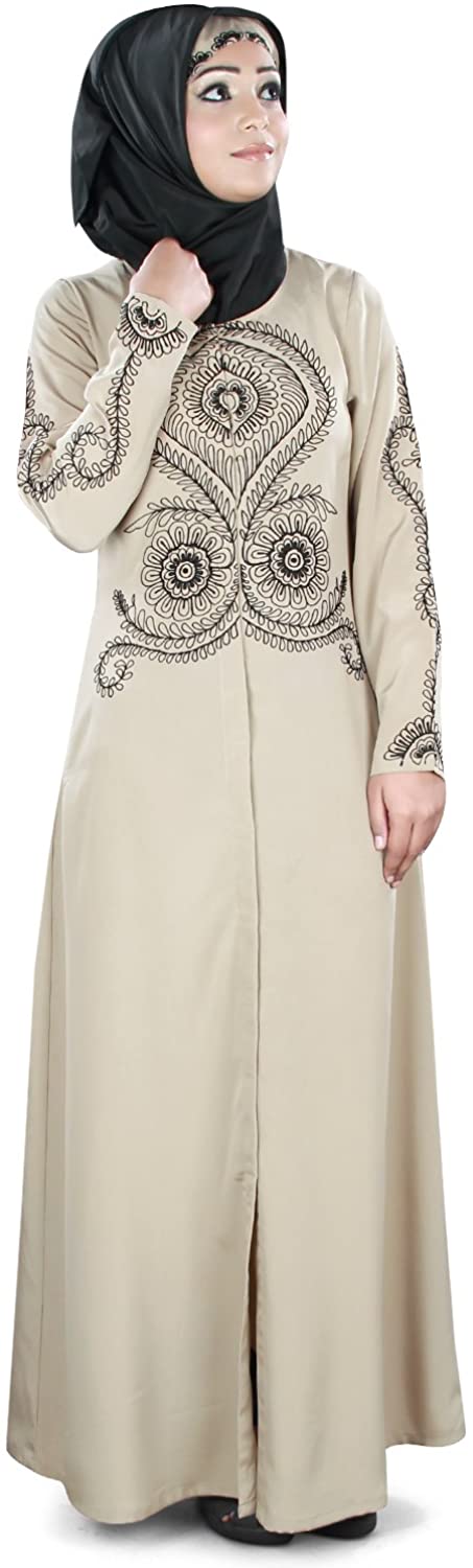 MyBauta Women's Embroidered Warm Grey Open Front Abaya - Zainab's Closet