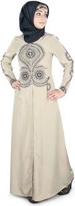 MyBauta Women's Embroidered Warm Grey Open Front Abaya - Zainab's Closet