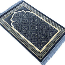 Load image into Gallery viewer, Muslim Prayer Rug - Islamic Plush Velvet Turkish Carpet Janamaz Sajadah Free Prayer Cap Elegant Swirl (Blue)