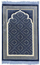 Load image into Gallery viewer, Muslim Prayer Rug - Islamic Plush Velvet Turkish Carpet Janamaz Sajadah Free Prayer Cap Elegant Swirl (Blue)