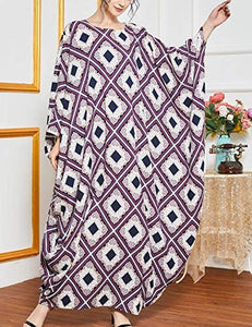 Flygo Women's Batwing Plaid Floral Printed Short Sleeve Oversized Maxi Dress