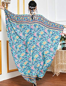 Flygo Women's Batwing Plaid Floral Printed Short Sleeve Oversized Maxi Dress