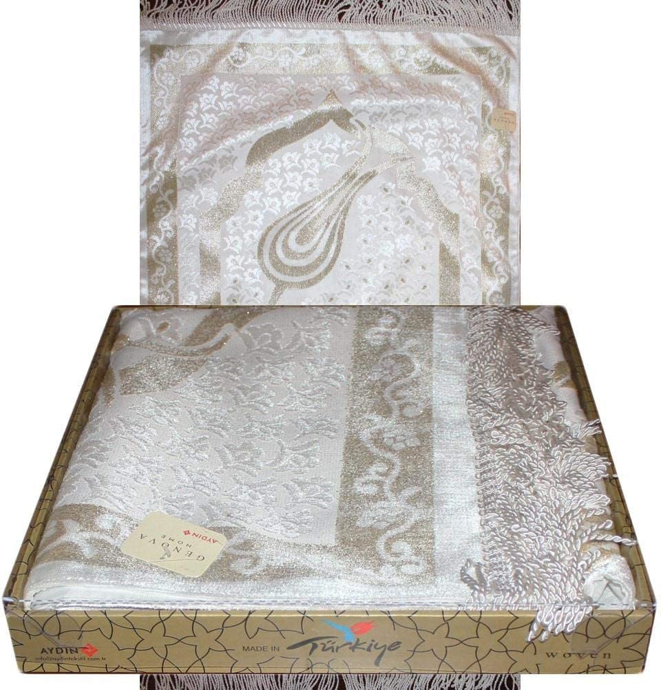 Gift Box Prayer Mat - Luxury Islamic Prayer Rug White Shimmery Kaba (Silver)