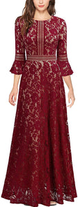 MISSMAY Women's Vintage Full Lace Contrast Bell Sleeve Formal Long Dress - Zainab's Closet