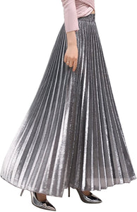 CHARTOU Women's Premium Metallic Shimmer Accordion Pleated Long Maxi Skirt