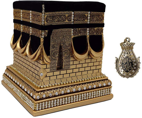 Modefa Islamic Turkish Home Table Decor Kaba Replica Model Showpiece Eid Gift Gold Free Car Hanger (Gold, Medium)