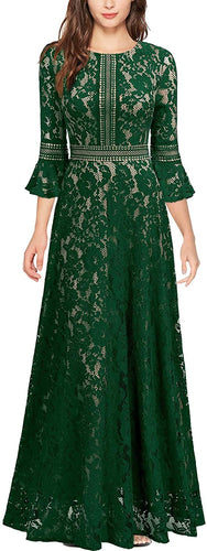 MISSMAY Women's Vintage Full Lace Contrast Bell Sleeve Formal Long Dress - Zainab's Closet