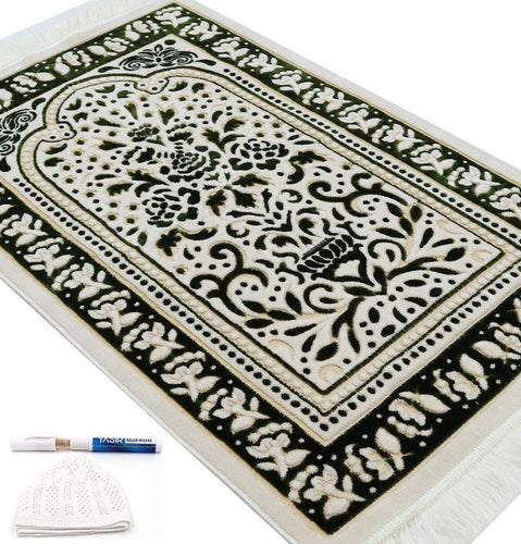 Janamaz Prayer Rug with Free Cap + MISWAK - Plush Velvet Namaz Seccade Turkish Prayer Mat Carpet Design (Red / White)