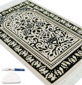 Janamaz Prayer Rug with Free Cap + MISWAK - Plush Velvet Namaz Seccade Turkish Prayer Mat Carpet Design (Red / White)