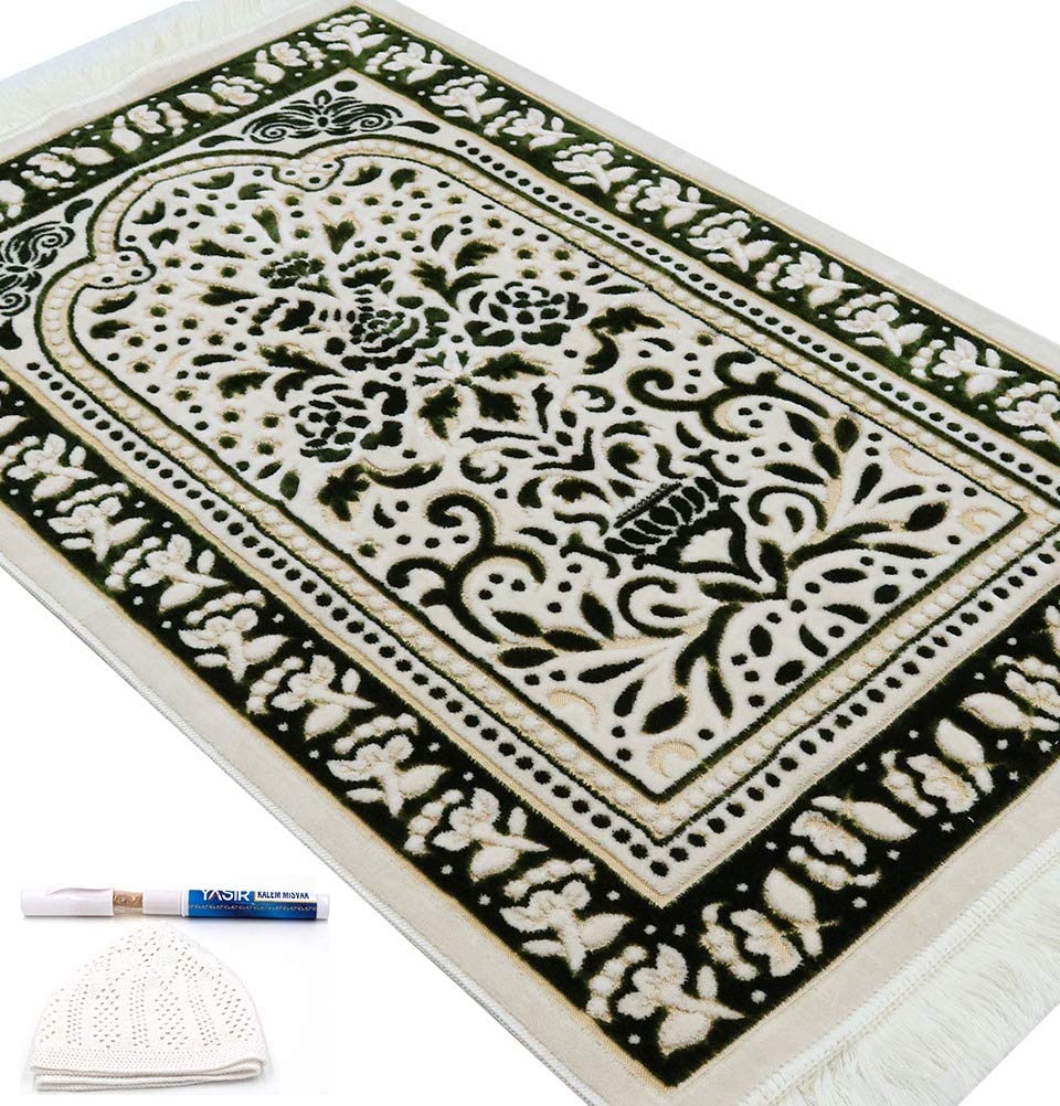 Janamaz Prayer Rug with Free Cap + MISWAK - Plush Velvet Namaz Seccade Turkish Prayer Mat Carpet Design (Red / White)