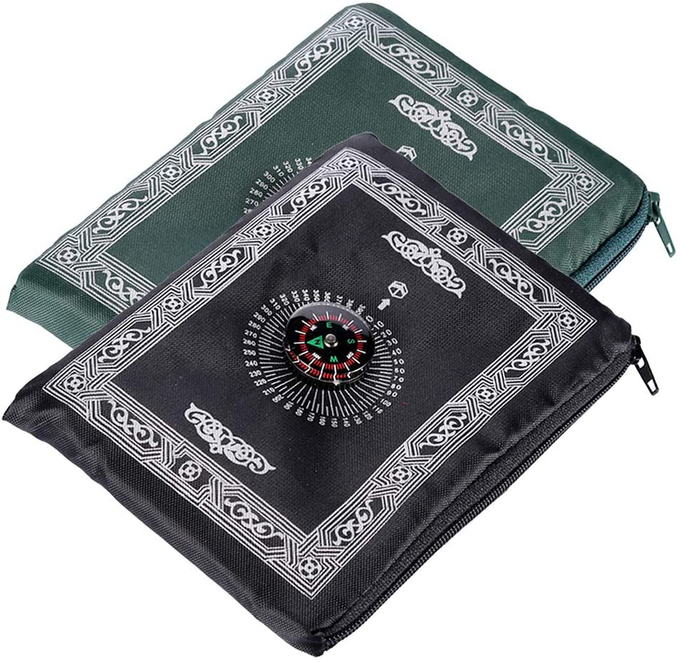 Hitopin Islamic, Travel Prayer Mat with Compass Pocket Sized Carry Bag and Attached Compass with Qibla Finder Praying Rug Portable Nylon Waterproof 2 Colors 2Packs