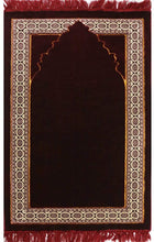 Load image into Gallery viewer, Modefa Lux Plush Regal Velvet Islamic Prayer Rug Muslim Turkish Carpet with Free Prayer Cap (Red)