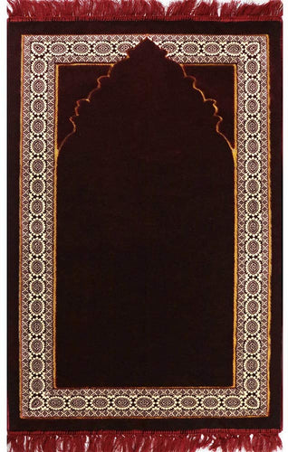 Modefa Lux Plush Regal Velvet Islamic Prayer Rug Muslim Turkish Carpet with Free Prayer Cap (Red)